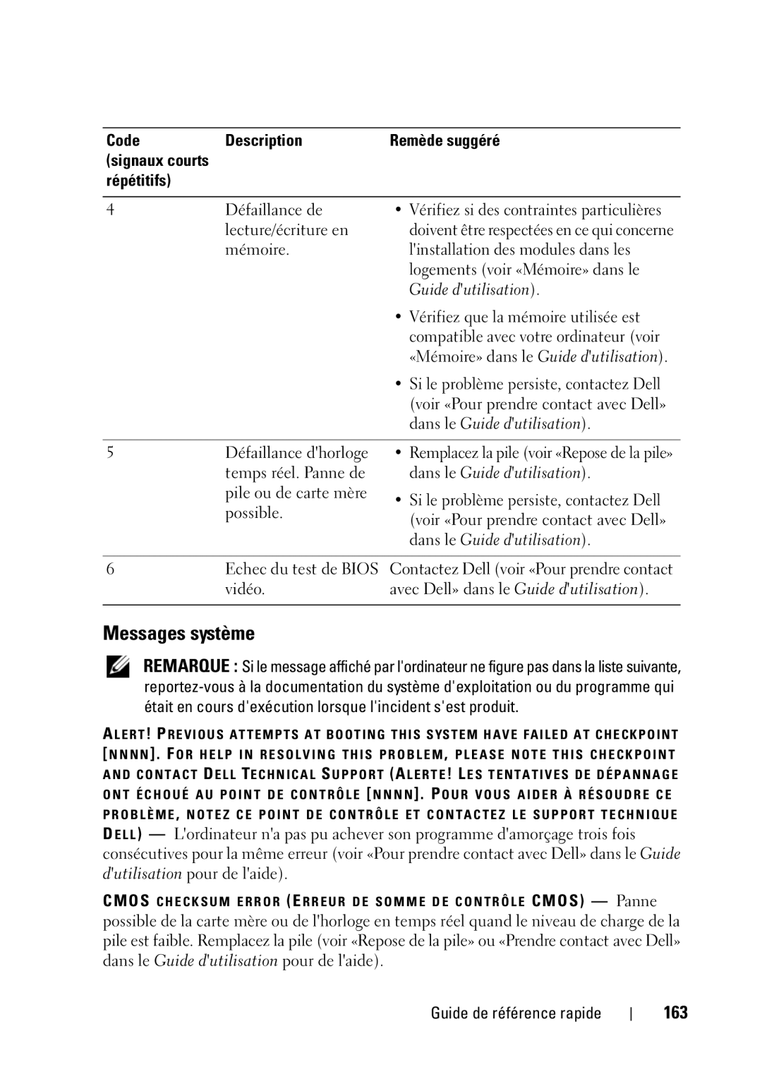 Dell T5400 manual Messages système, 163, «Mémoire» dans le Guide dutilisation, Défaillance dhorloge, Temps réel. Panne de 