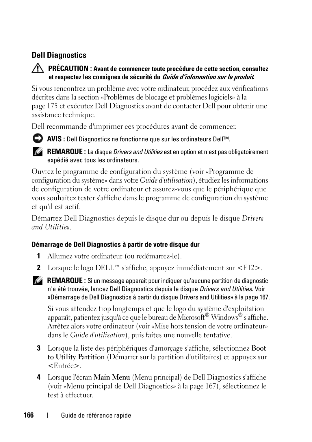 Dell T5400 manual Démarrage de Dell Diagnostics à partir de votre disque dur, 166 