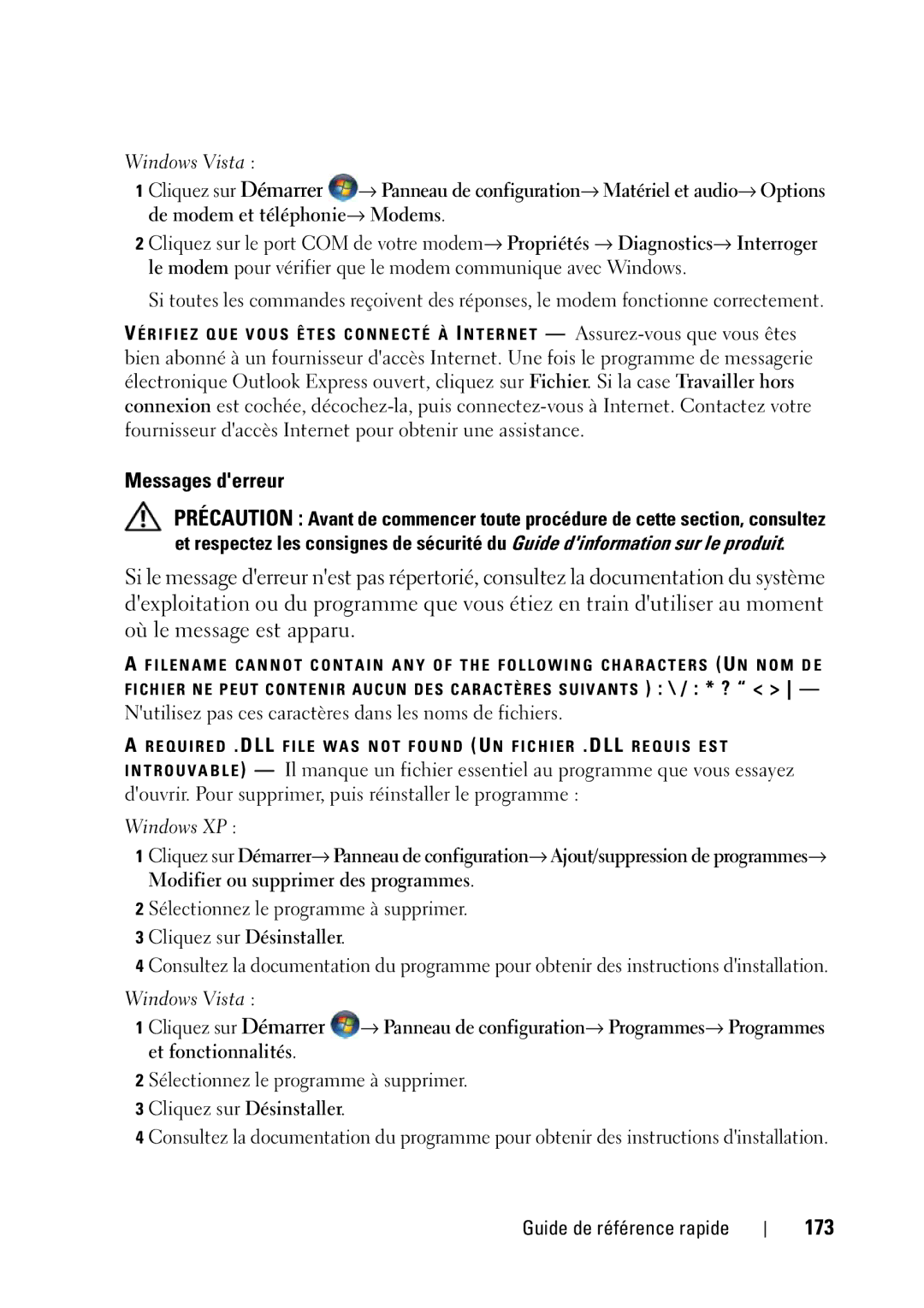 Dell T5400 manual Messages derreur, 173, Nutilisez pas ces caractères dans les noms de fichiers 