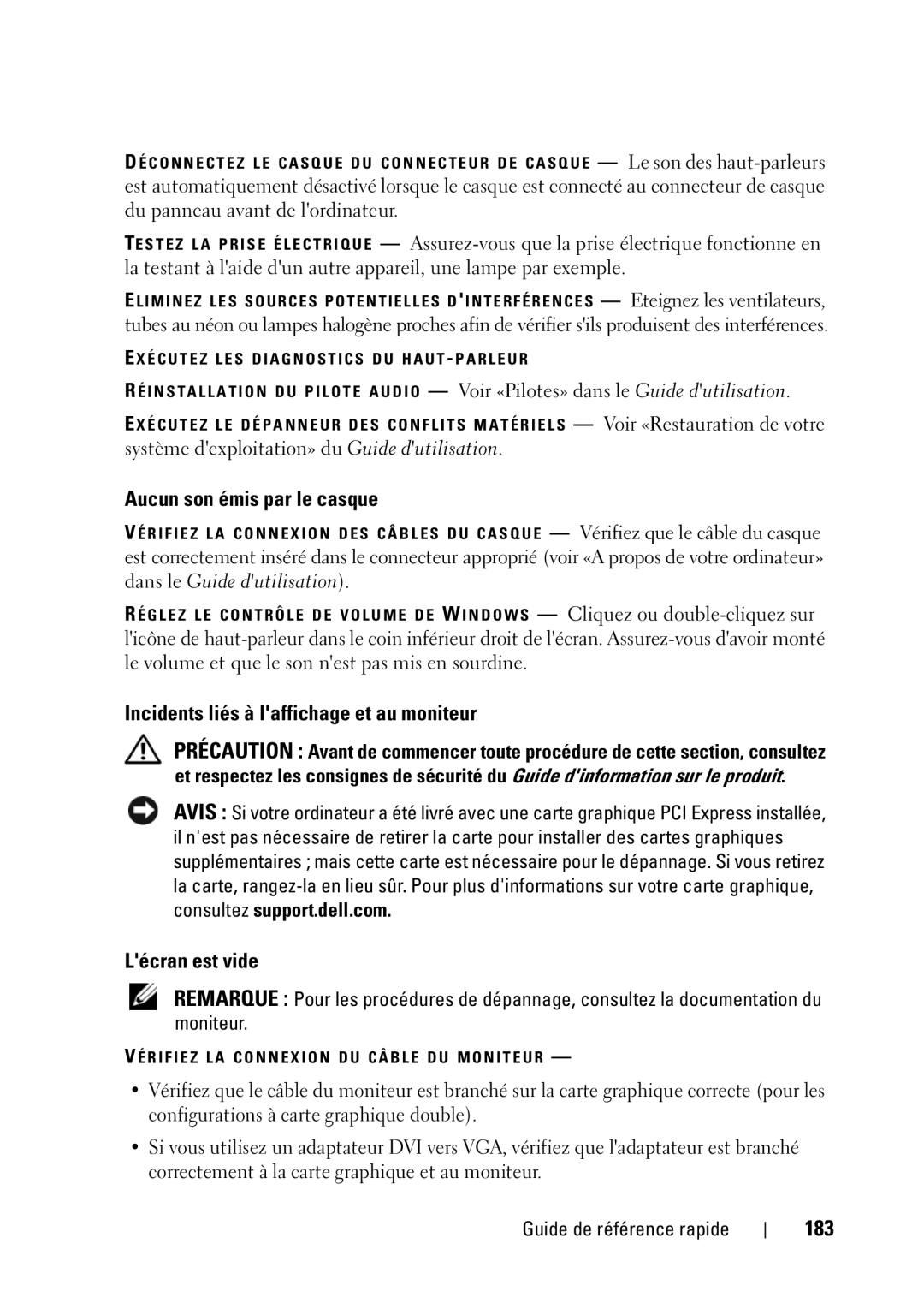 Dell T5400 manual Aucun son émis par le casque, Incidents liés à laffichage et au moniteur, Lécran est vide, 183 