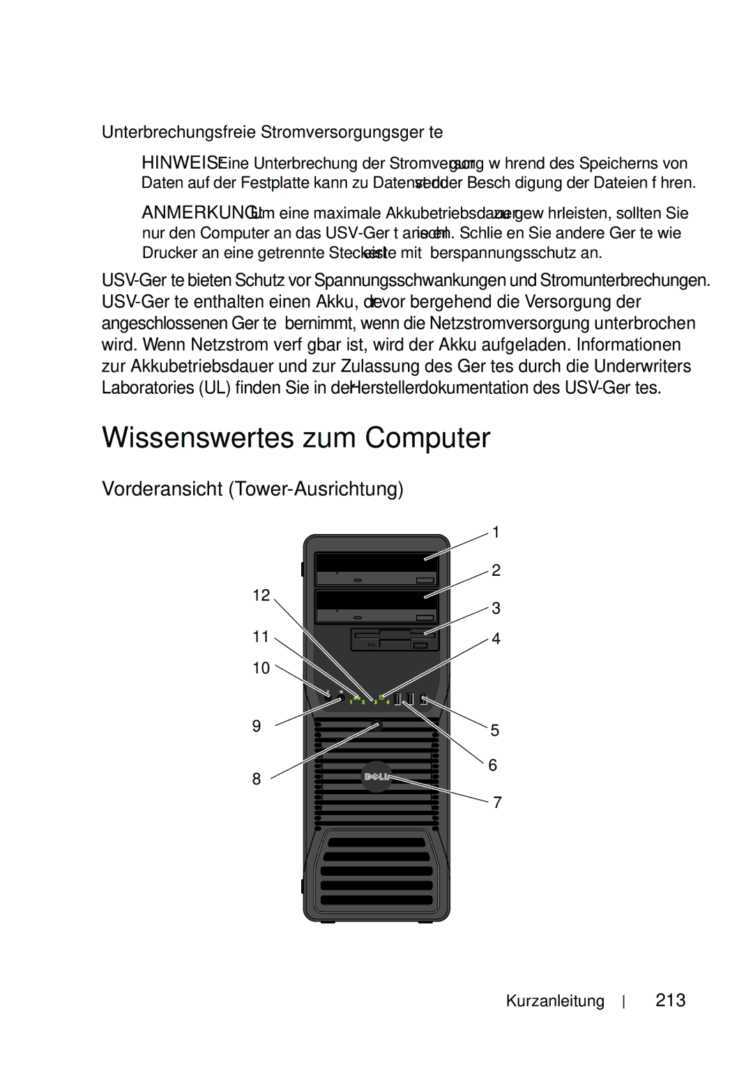 Dell T5400 Wissenswertes zum Computer, Vorderansicht Tower-Ausrichtung, Unterbrechungsfreie Stromversorgungsgeräte, 213 