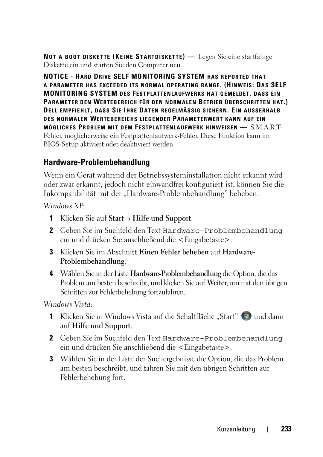 Dell T5400 manual Hardware-Problembehandlung, 233, Diskette ein und starten Sie den Computer neu 