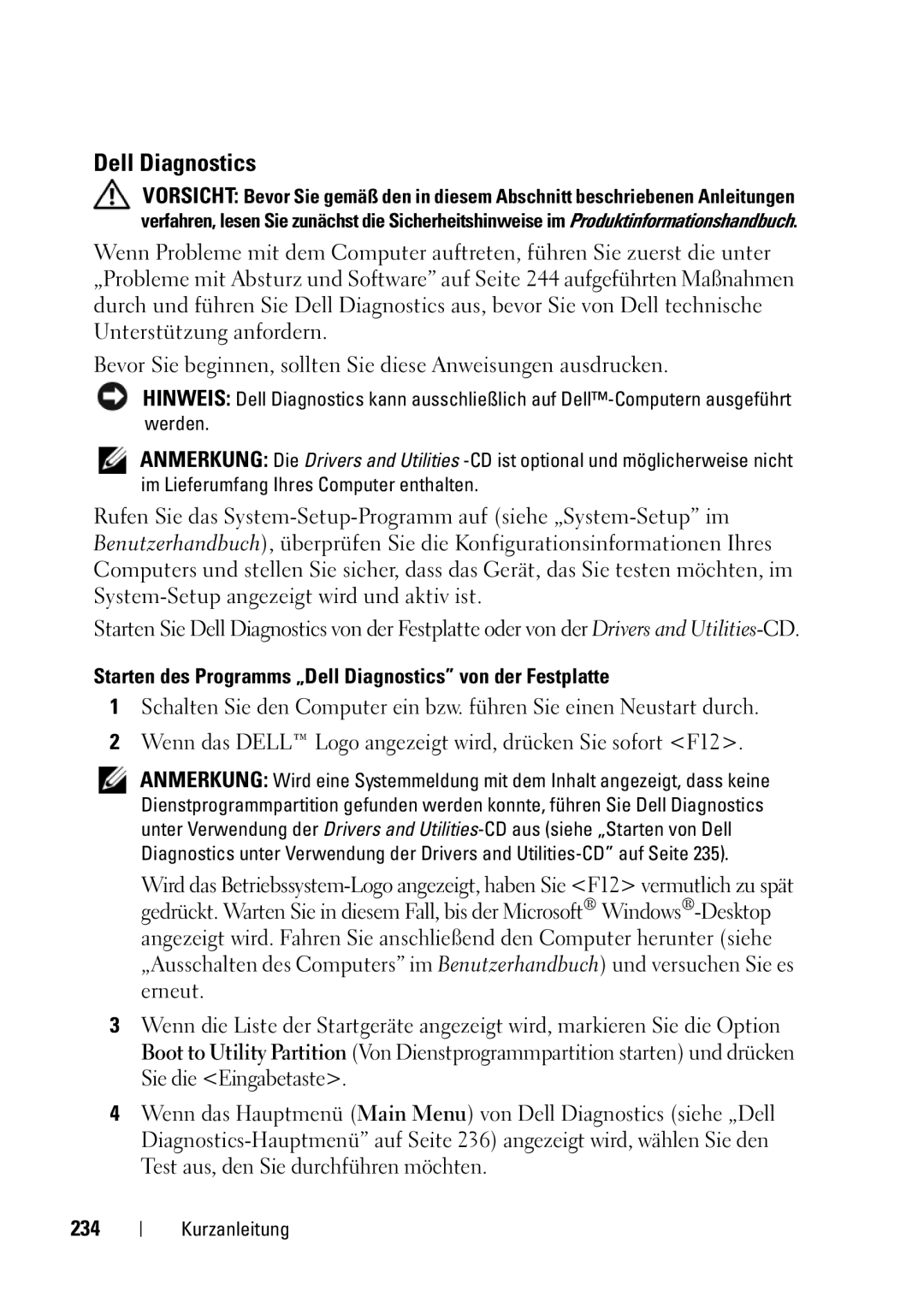 Dell T5400 manual Starten des Programms „Dell Diagnostics von der Festplatte, 234 