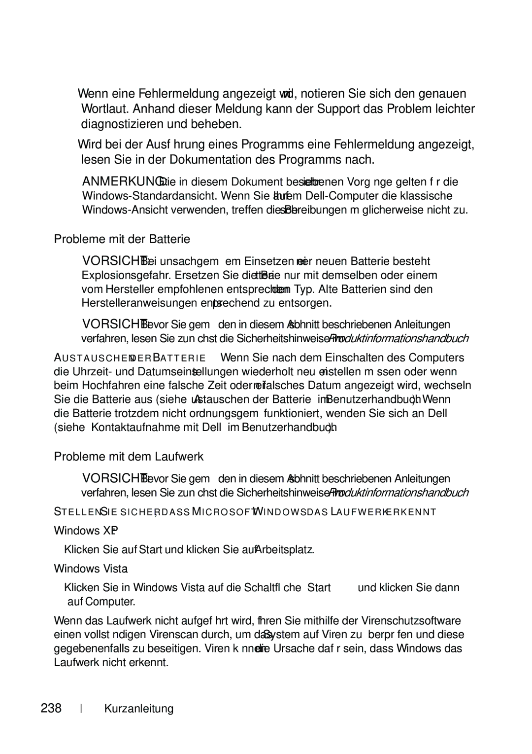 Dell T5400 manual Probleme mit der Batterie, Probleme mit dem Laufwerk, 238 