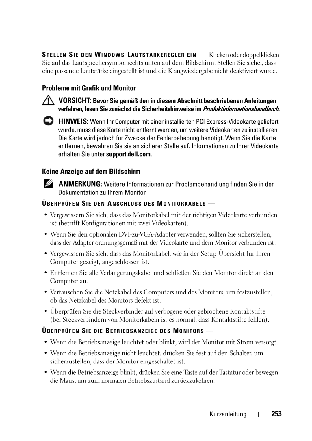 Dell T5400 manual Probleme mit Grafik und Monitor, Keine Anzeige auf dem Bildschirm, 253 