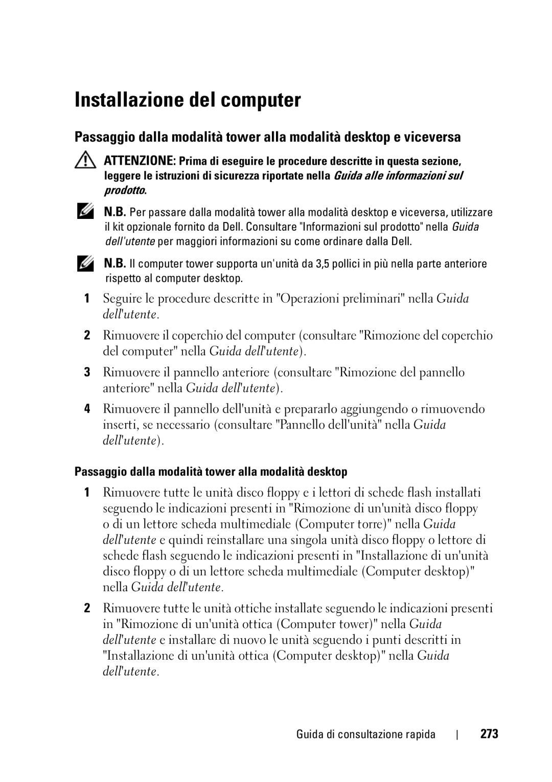 Dell T5400 manual Installazione del computer, Passaggio dalla modalità tower alla modalità desktop, 273 