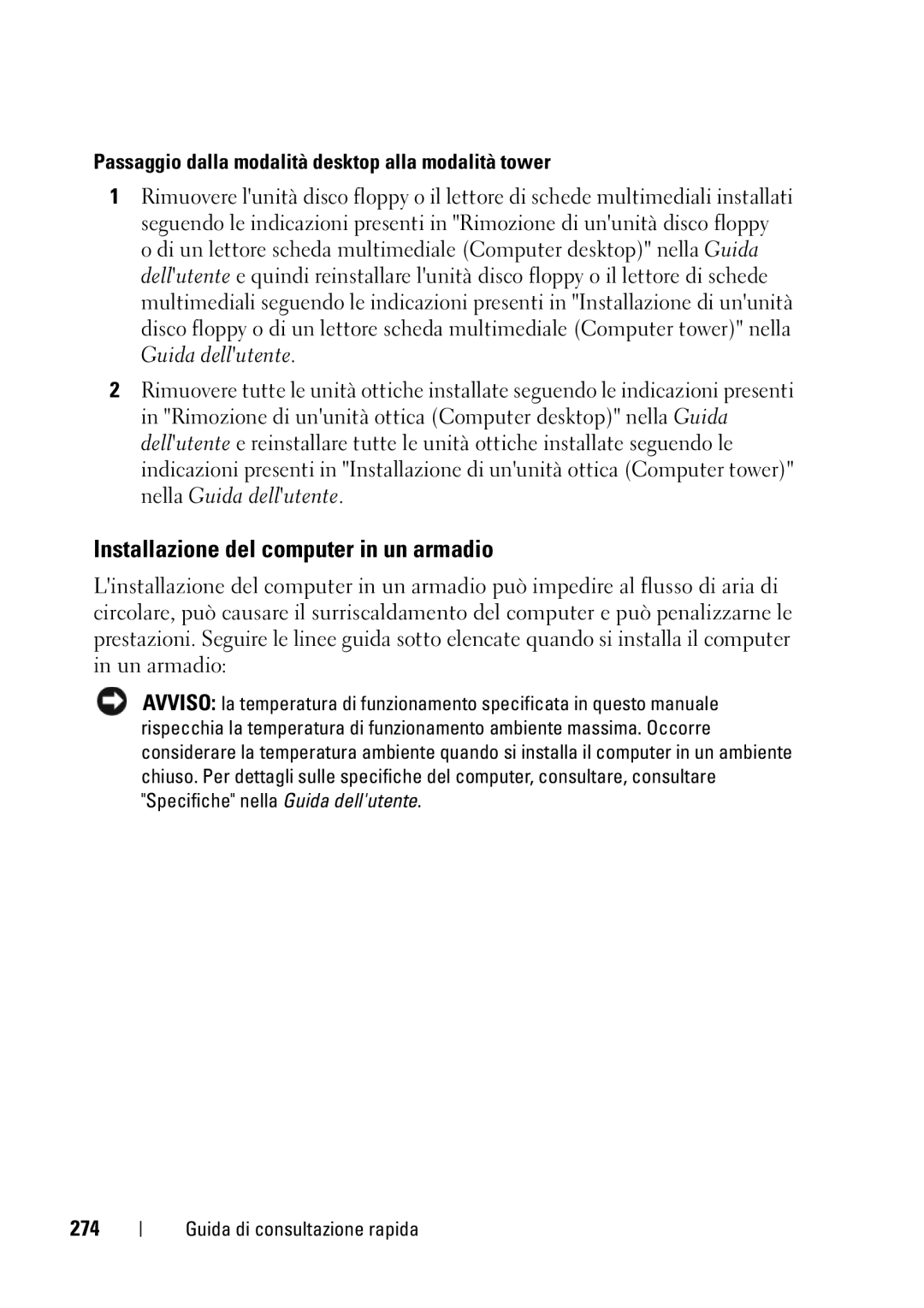 Dell T5400 manual Installazione del computer in un armadio, Passaggio dalla modalità desktop alla modalità tower, 274 