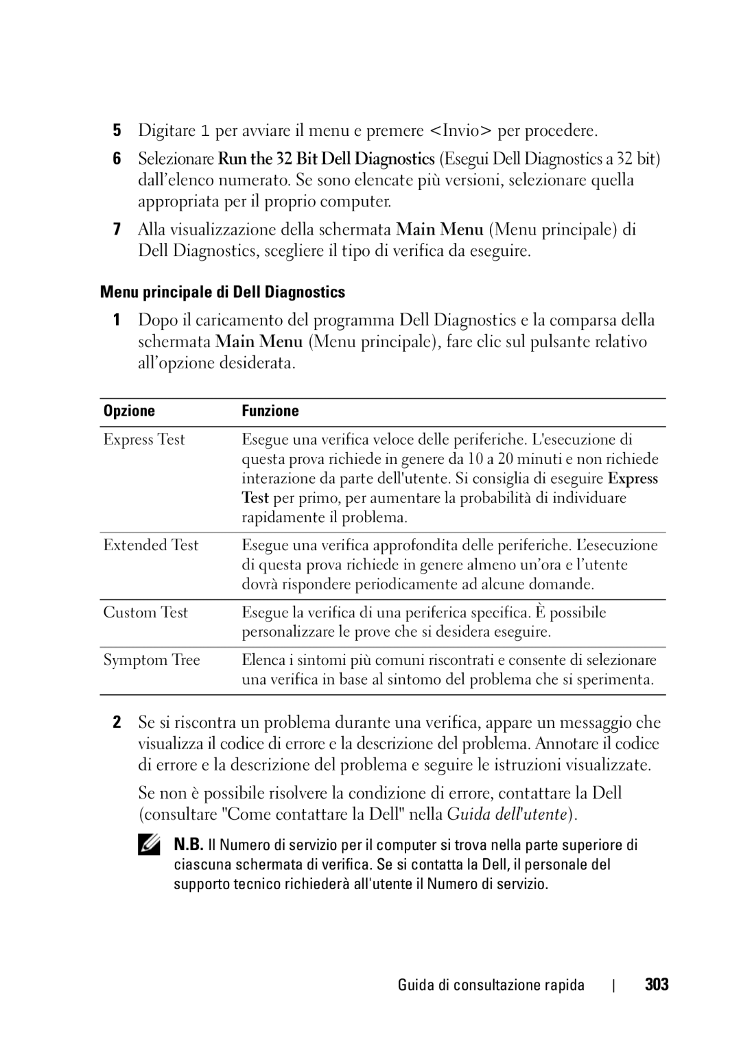 Dell T5400 manual Menu principale di Dell Diagnostics, 303, Opzione Funzione 