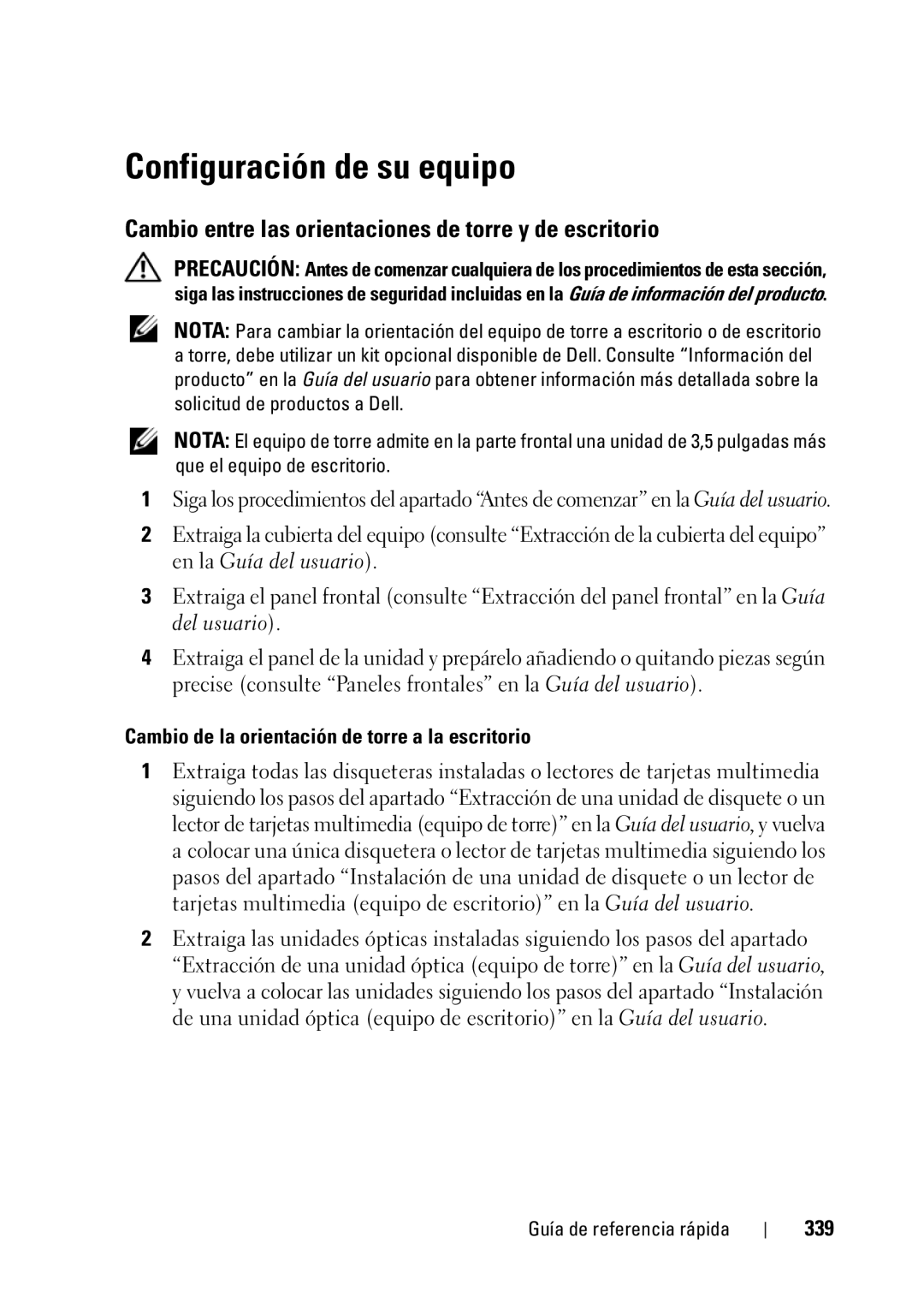 Dell T5400 manual Configuración de su equipo, Cambio entre las orientaciones de torre y de escritorio, 339 