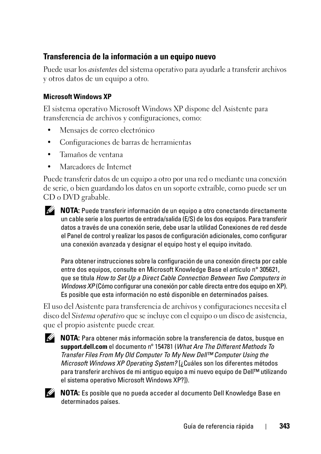 Dell T5400 manual Transferencia de la información a un equipo nuevo, 343 