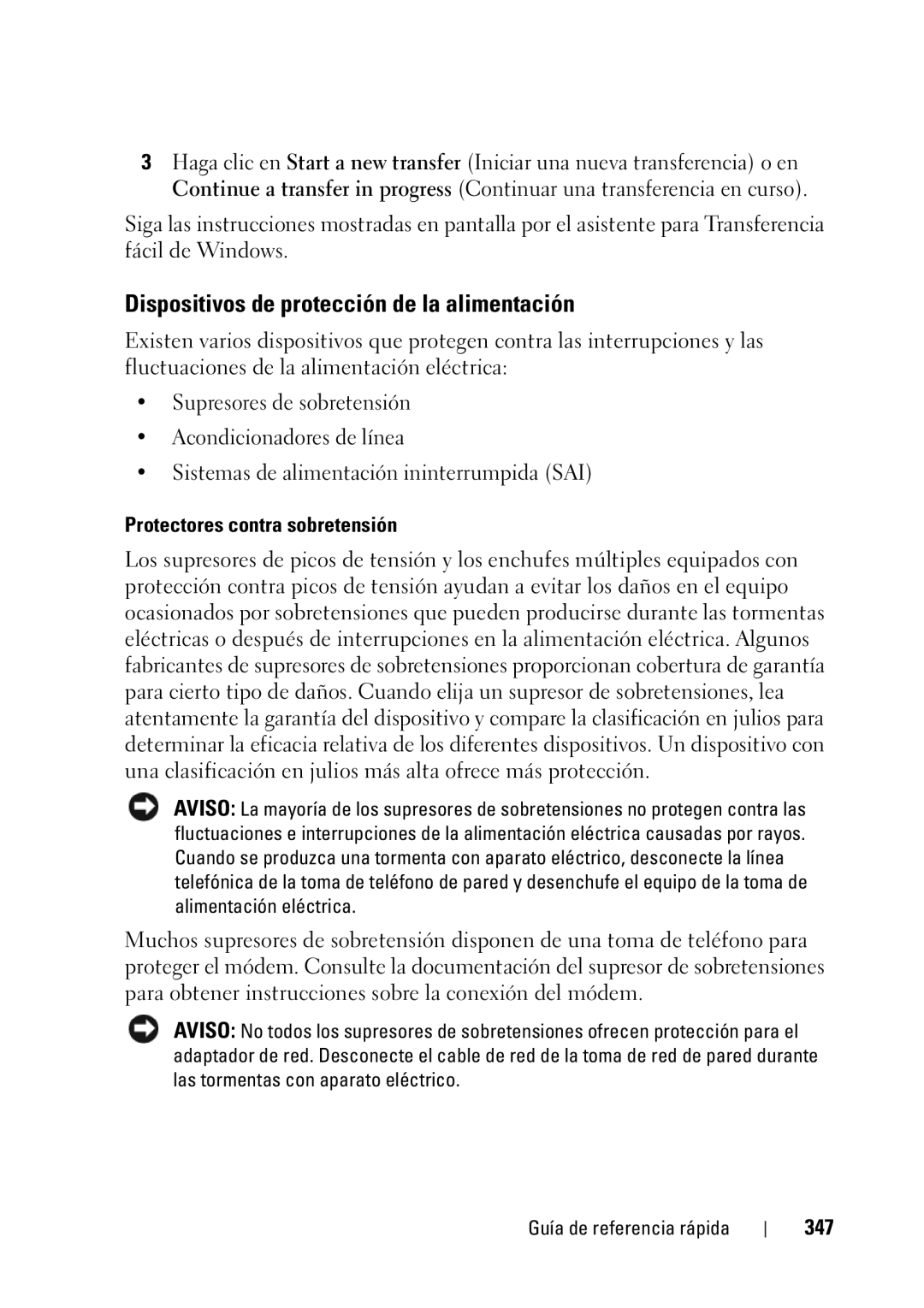 Dell T5400 manual Dispositivos de protección de la alimentación, Protectores contra sobretensión, 347 