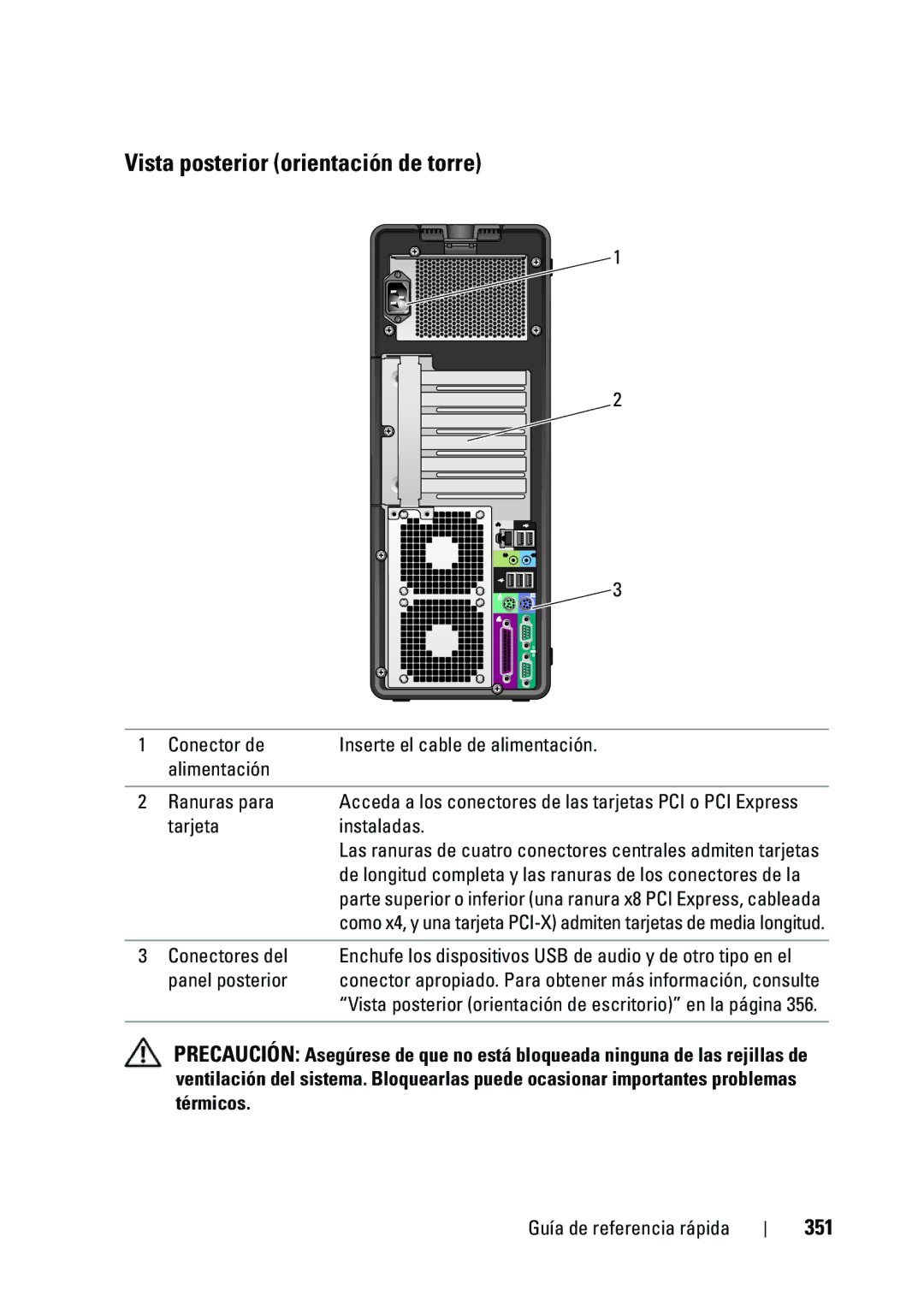 Dell T5400 manual Vista posterior orientación de torre, 351, Tarjeta Instaladas, Conectores del, Panel posterior 