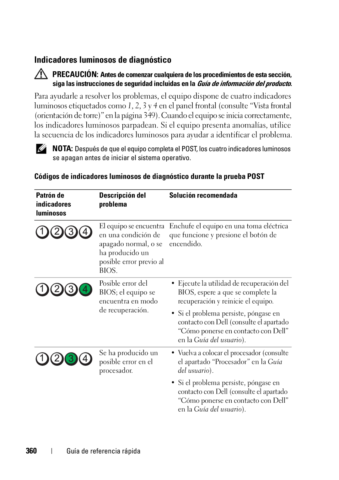 Dell T5400 manual Indicadores luminosos de diagnóstico, 360, En la Guía del usuario 