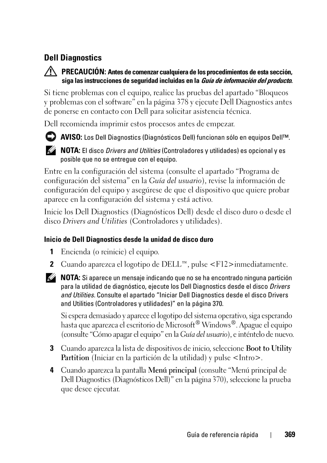 Dell T5400 manual Inicio de Dell Diagnostics desde la unidad de disco duro, 369 