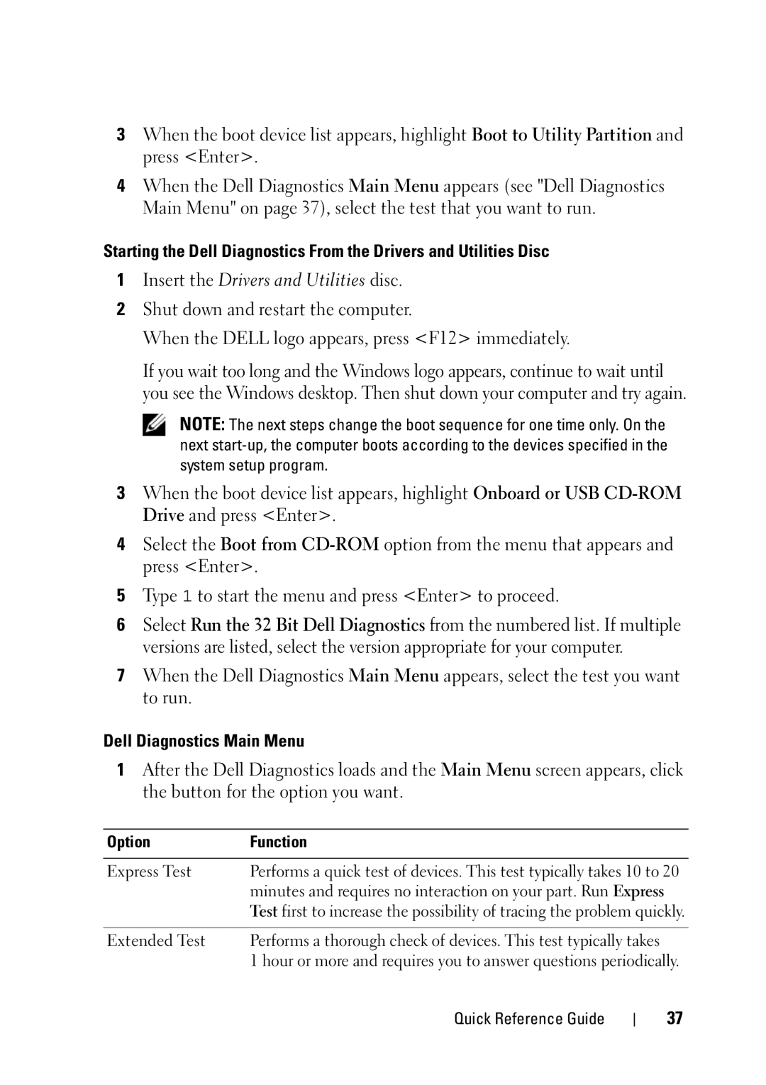 Dell T5400 manual Dell Diagnostics Main Menu, Option Function 