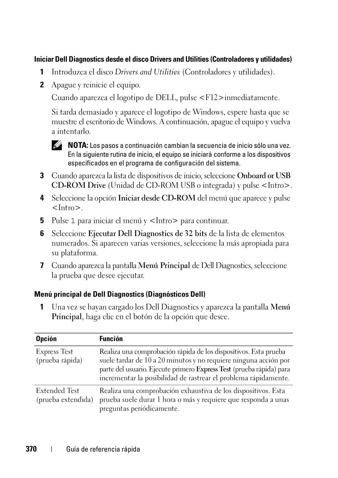 Dell T5400 manual Menú principal de Dell Diagnostics Diagnósticos Dell, 370, Opción Función 