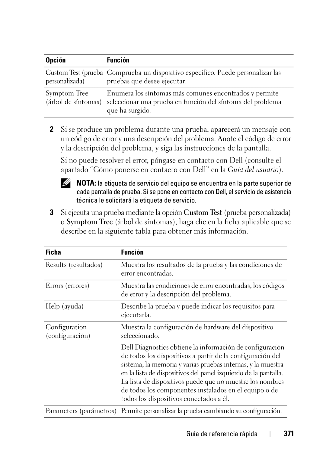 Dell T5400 manual 371, Ficha Función 