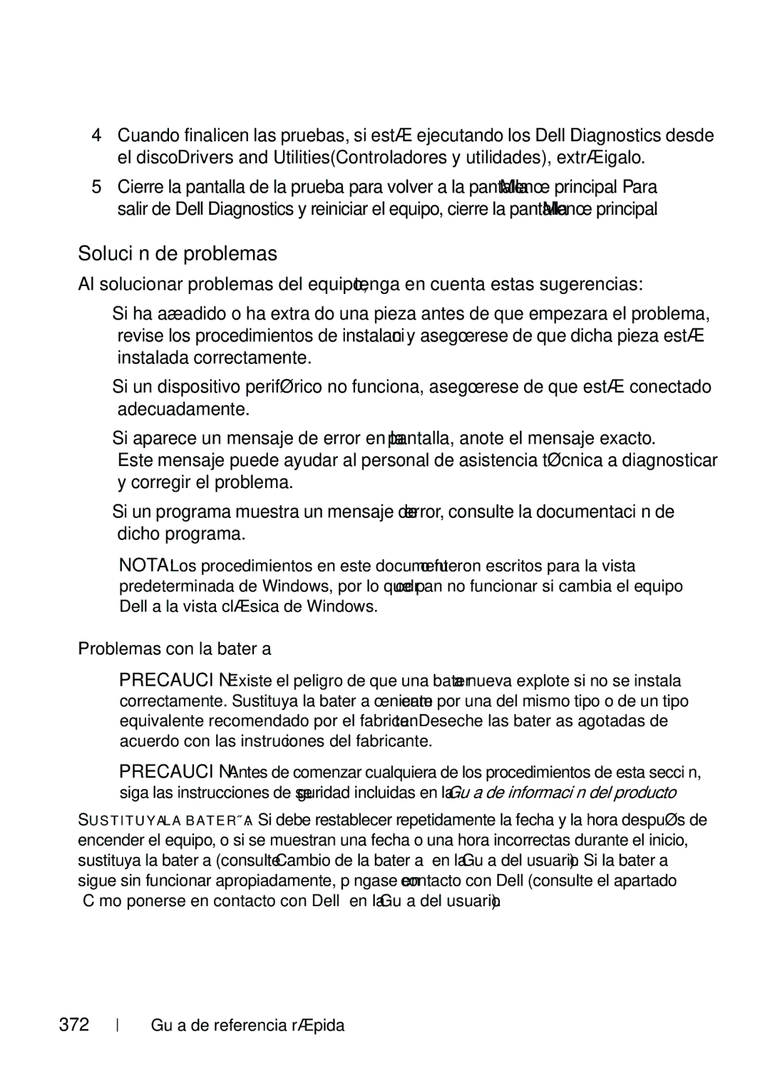 Dell T5400 manual Solución de problemas, Problemas con la batería, 372 