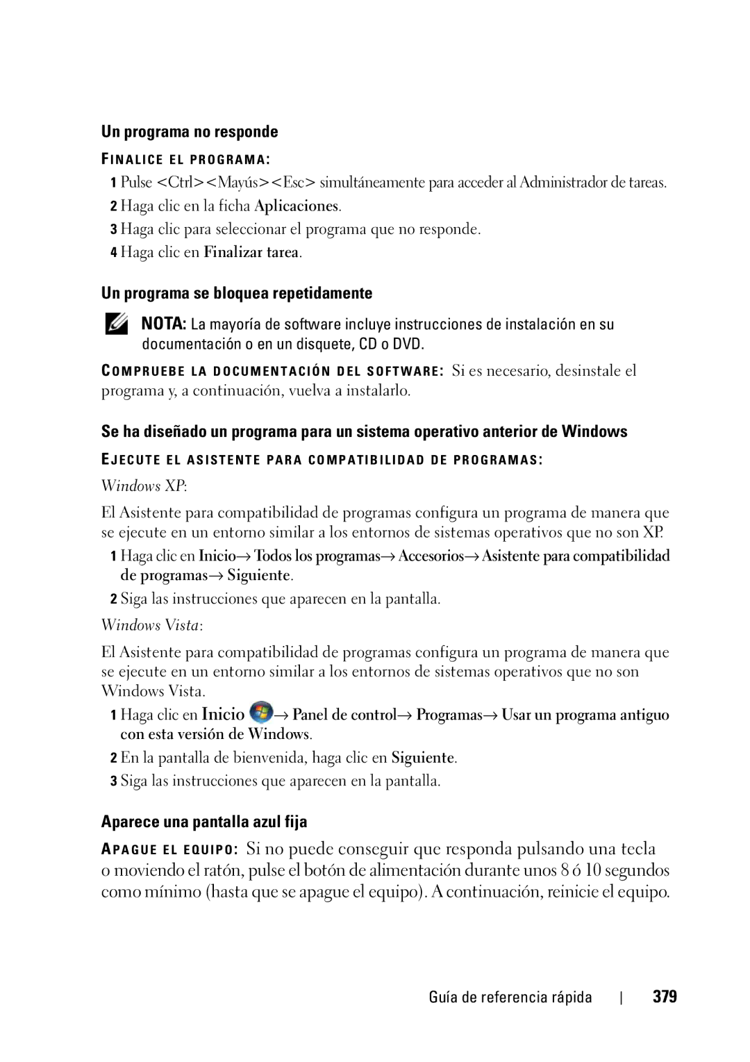 Dell T5400 manual Un programa no responde, Un programa se bloquea repetidamente, Aparece una pantalla azul fija, 379 