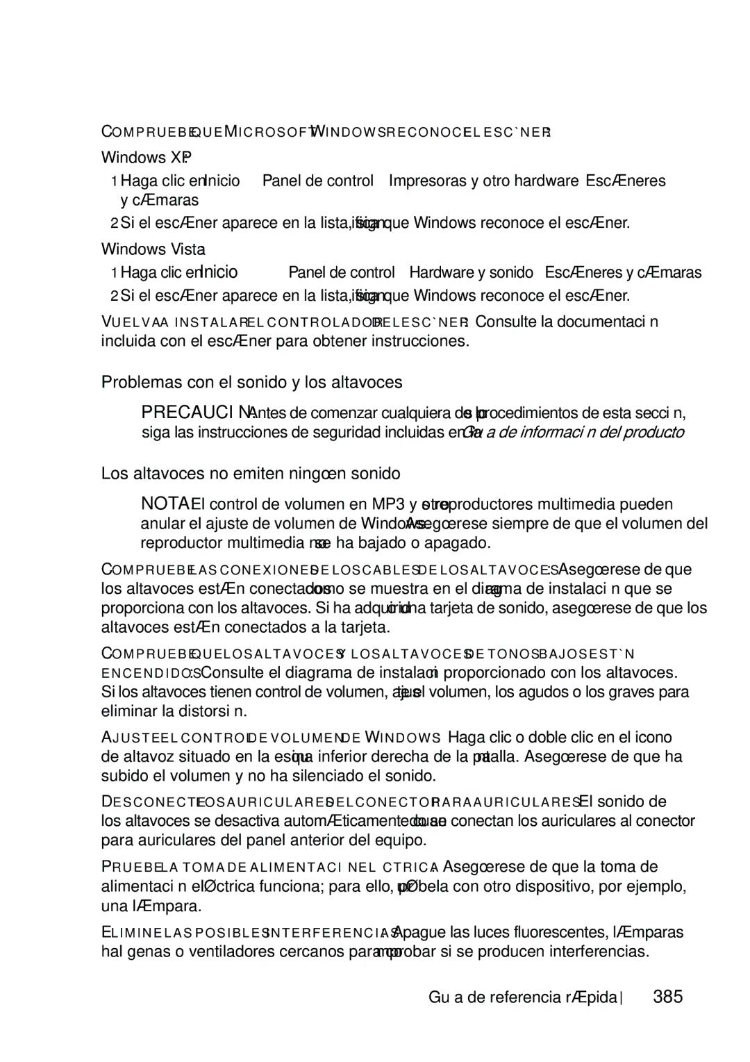 Dell T5400 manual Problemas con el sonido y los altavoces, Los altavoces no emiten ningún sonido, 385 