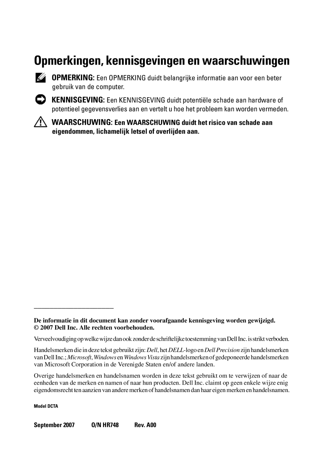 Dell T5400 manual Opmerkingen, kennisgevingen en waarschuwingen 