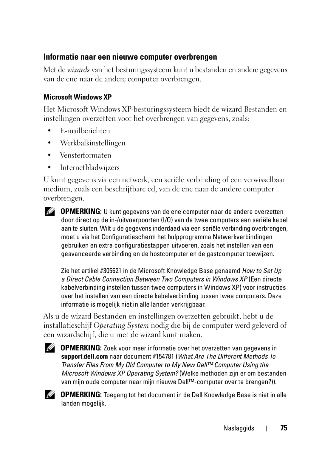 Dell T5400 manual Informatie naar een nieuwe computer overbrengen, Microsoft Windows XP 