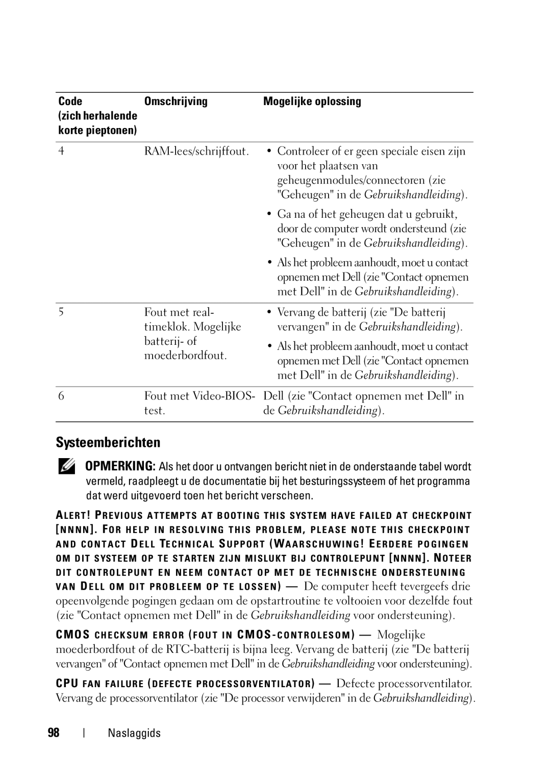 Dell T5400 manual Systeemberichten, Met Dell in de Gebruikshandleiding 