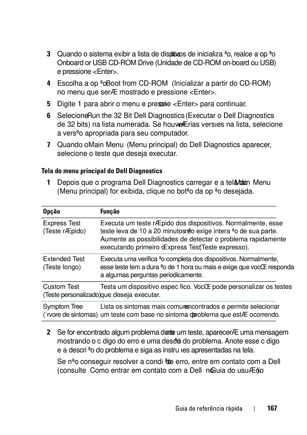 Dell T5400 manual Tela do menu principal do Dell Diagnostics, 167, Opção Função, Algumas perguntas periodicamente 