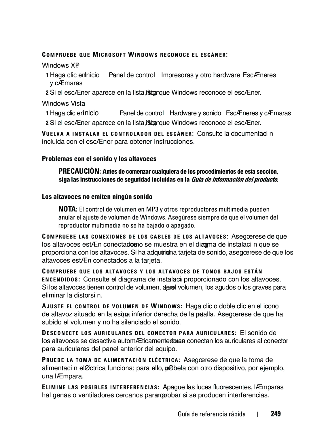 Dell T5400 manual Problemas con el sonido y los altavoces, Los altavoces no emiten ningún sonido, 249 