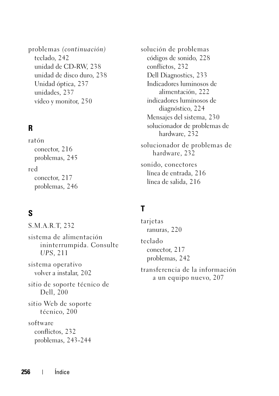 Dell T5400 manual Problemas continuación teclado, 256 