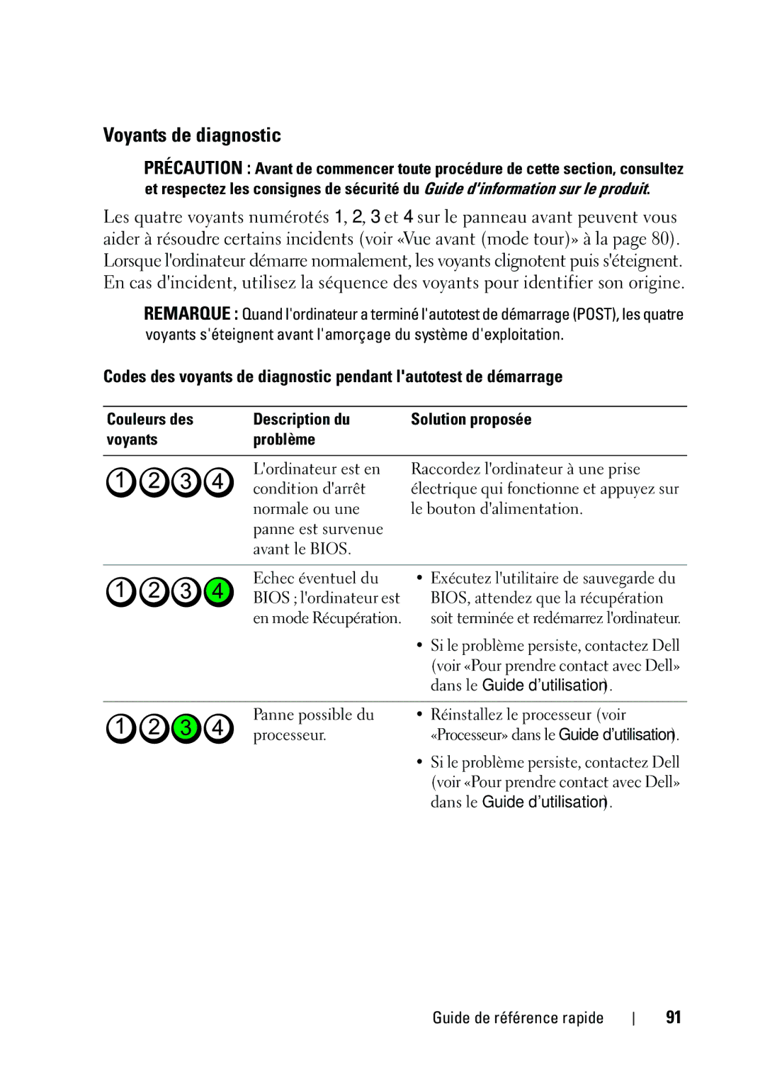 Dell T5400 manual Voyants de diagnostic, Si le problème persiste, contactez Dell, Voir «Pour prendre contact avec Dell» 