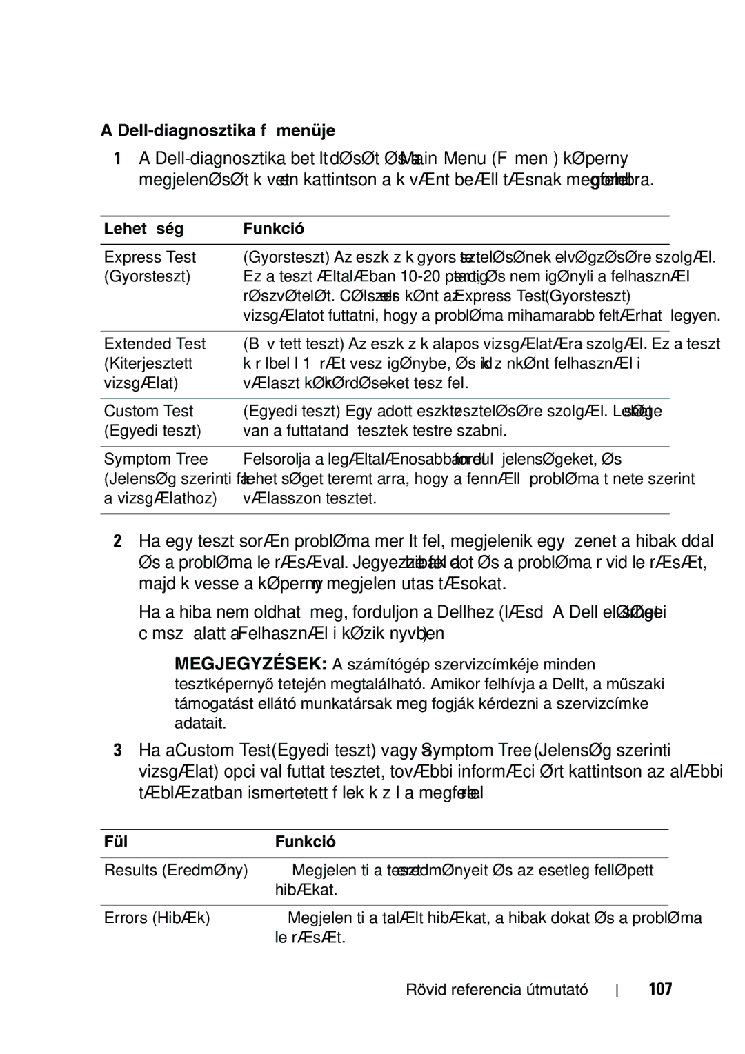 Dell T5400 manual Dell-diagnosztika főmenüje, 107 