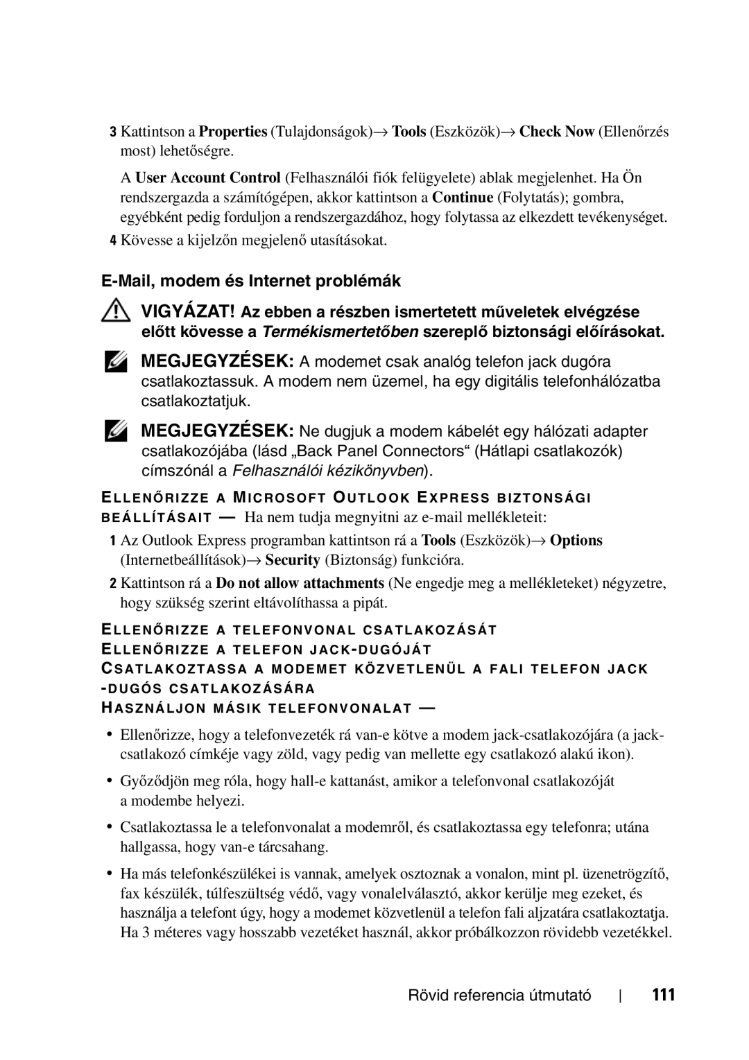 Dell T5400 manual Mail, modem és Internet problémák, 111 