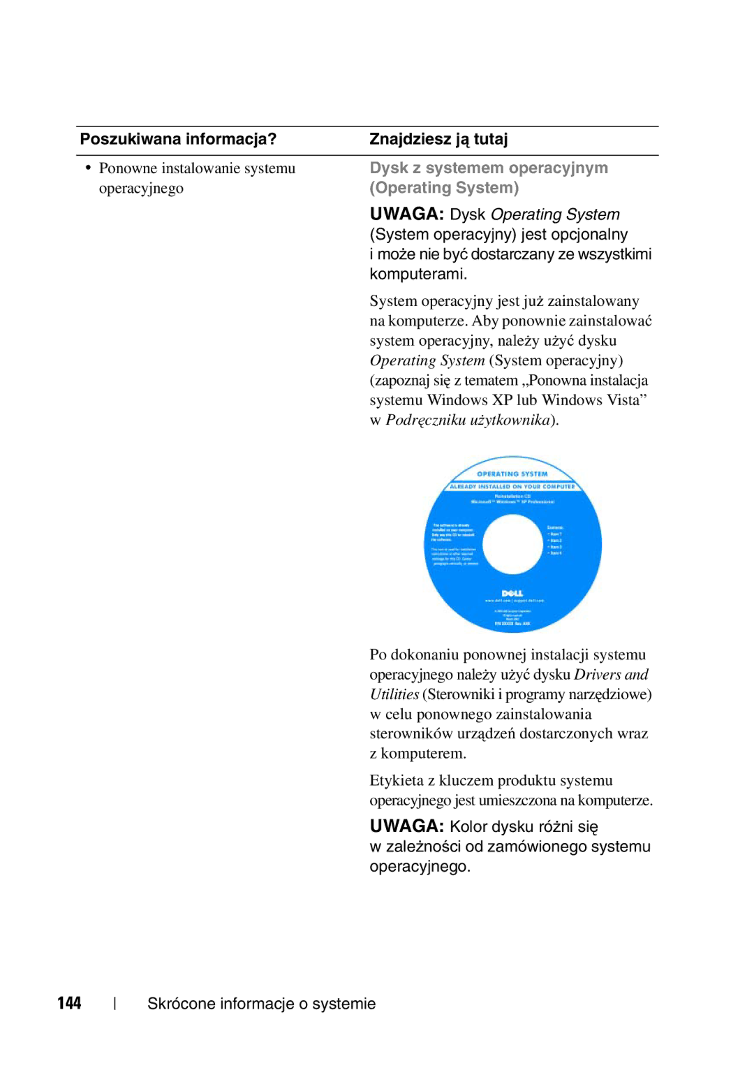 Dell T5400 manual 144, Podręczniku użytkownika 