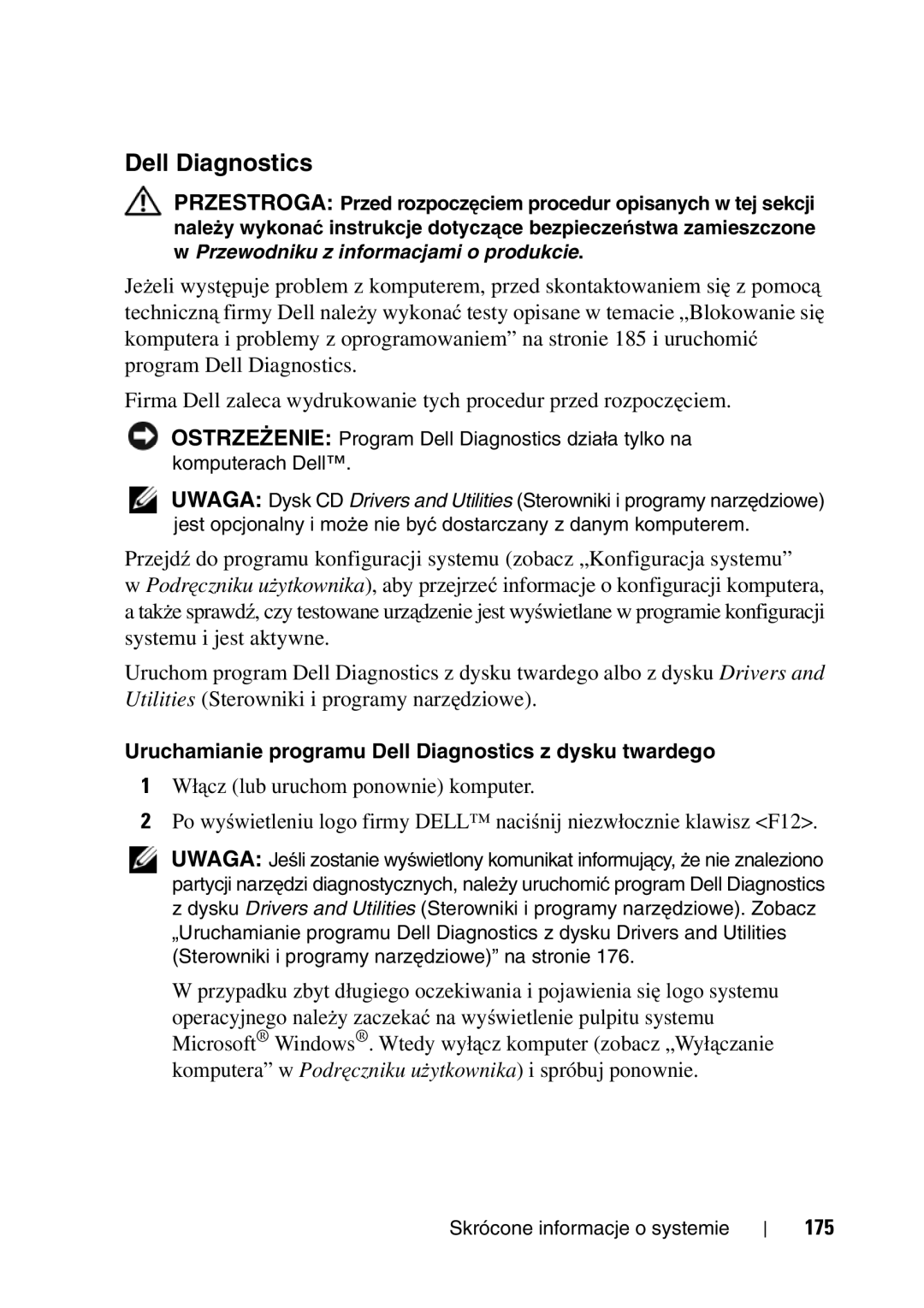 Dell T5400 manual Uruchamianie programu Dell Diagnostics z dysku twardego, 175 