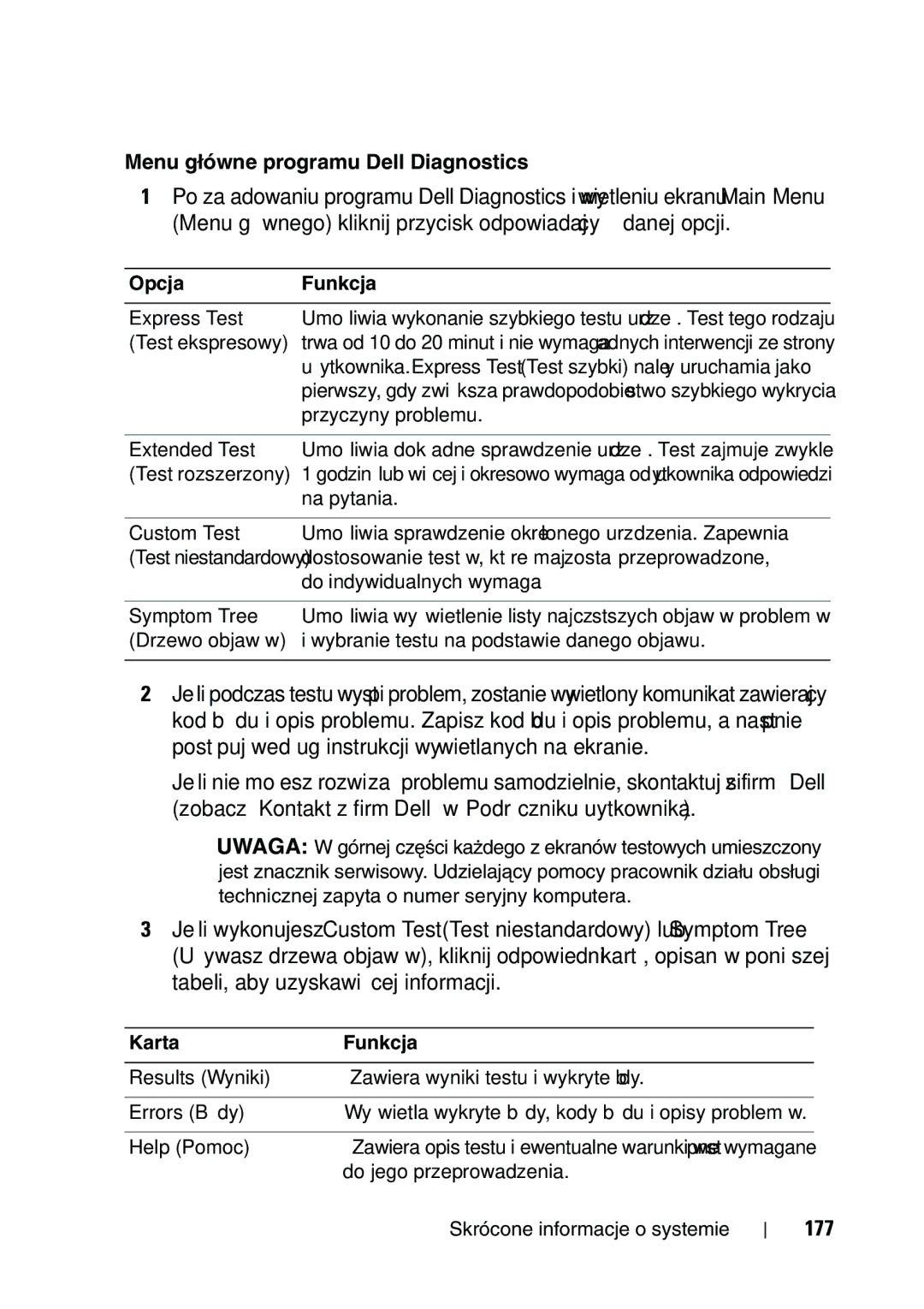 Dell T5400 manual Menu główne programu Dell Diagnostics, 177 