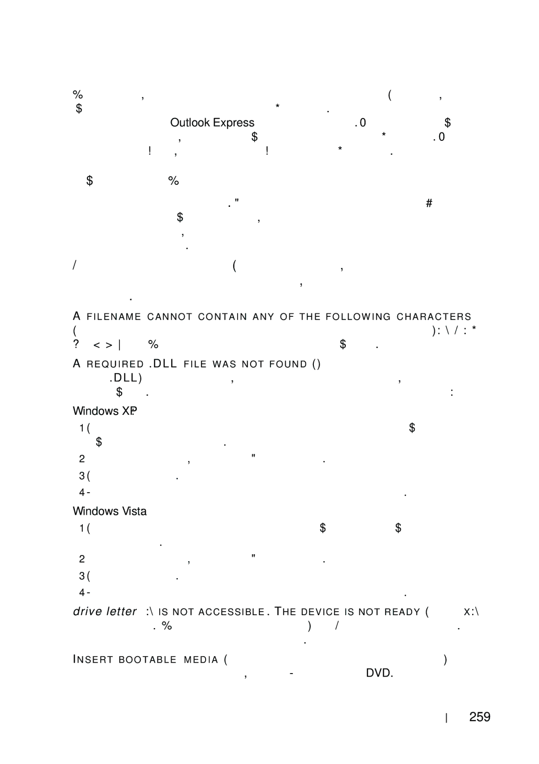 Dell T5400 manual Сообщения об ошибках, 259, ? Не используйте эти символы в именах файлов 