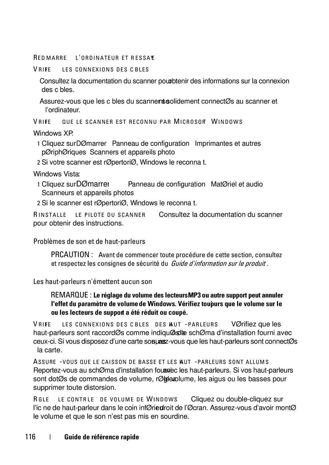 Dell T5400 manual Problèmes de son et de haut-parleurs, Les haut-parleurs némettent aucun son, 116 