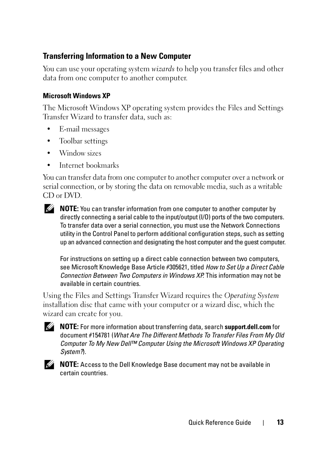 Dell T5400 manual Transferring Information to a New Computer, Microsoft Windows XP 