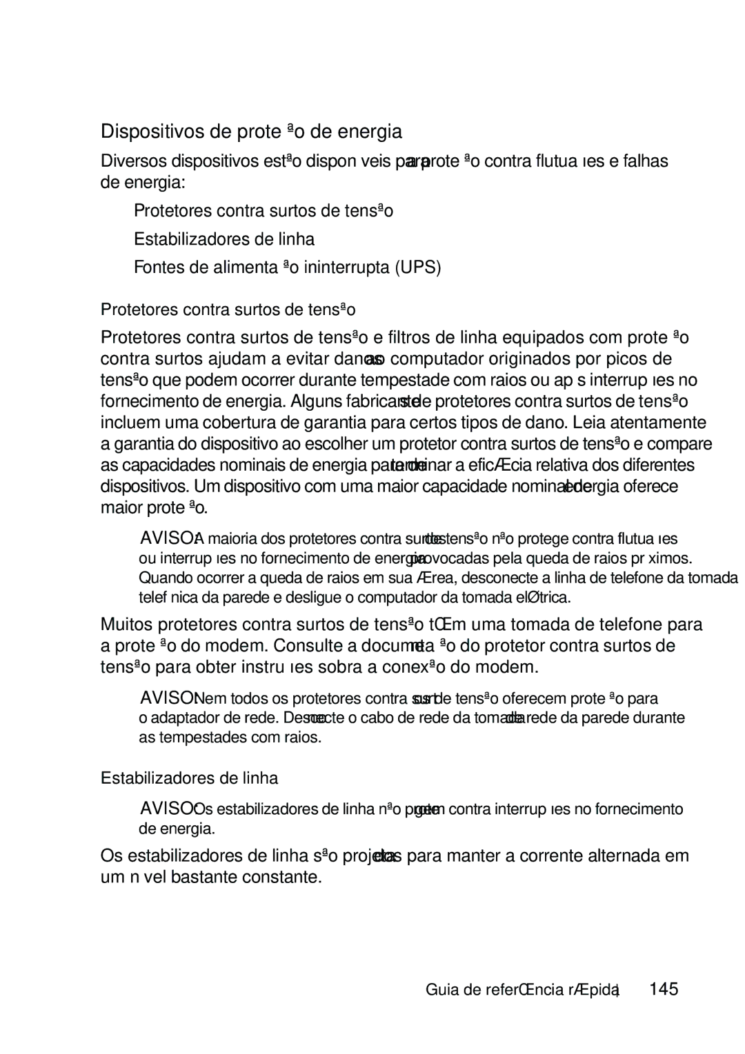 Dell T5400 manual Dispositivos de proteção de energia, Protetores contra surtos de tensão, Estabilizadores de linha, 145 