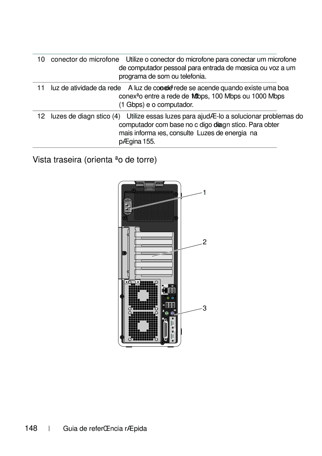 Dell T5400 manual Vista traseira orientação de torre, 148, Programa de som ou telefonia, Gbps e o computador, Página 