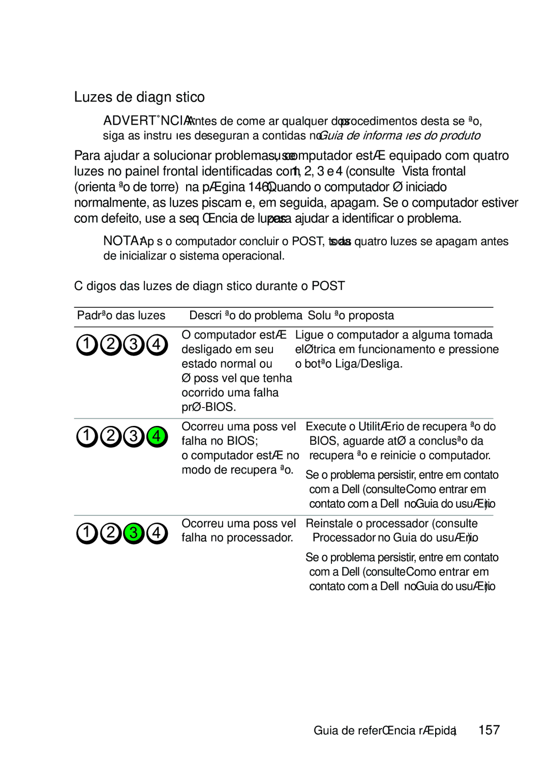 Dell T5400 manual Luzes de diagnóstico, Códigos das luzes de diagnóstico durante o Post, 157, Padrão das luzes 