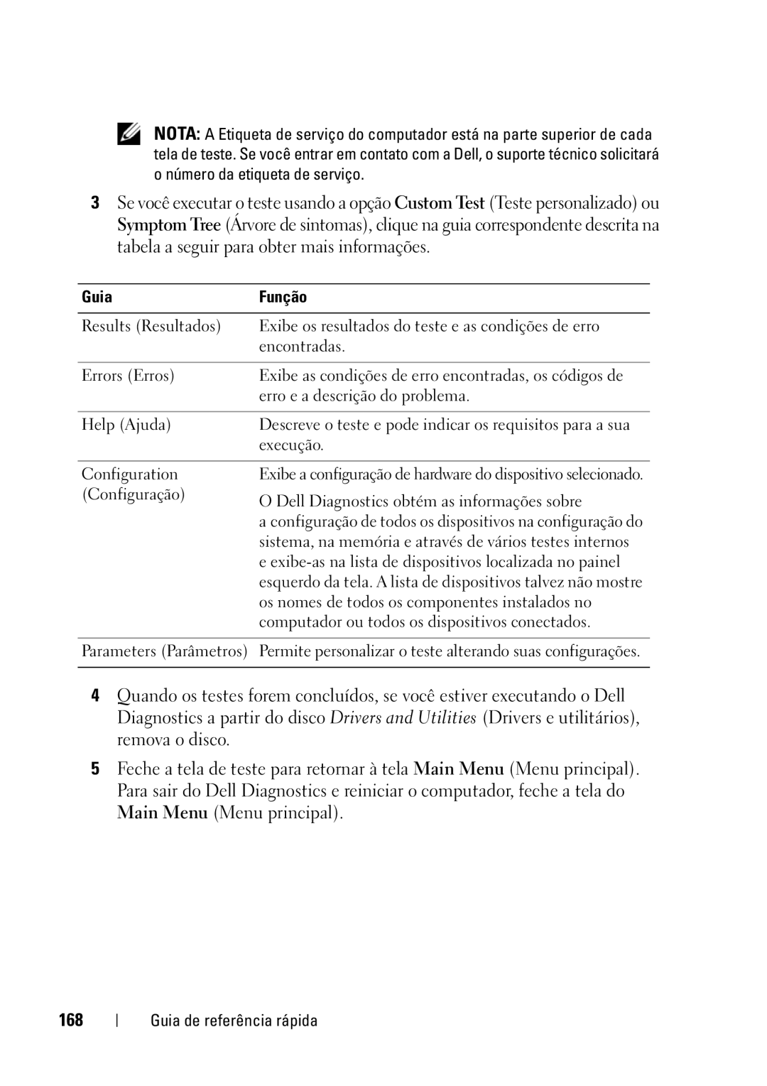 Dell T5400 manual 168, Guia Função 