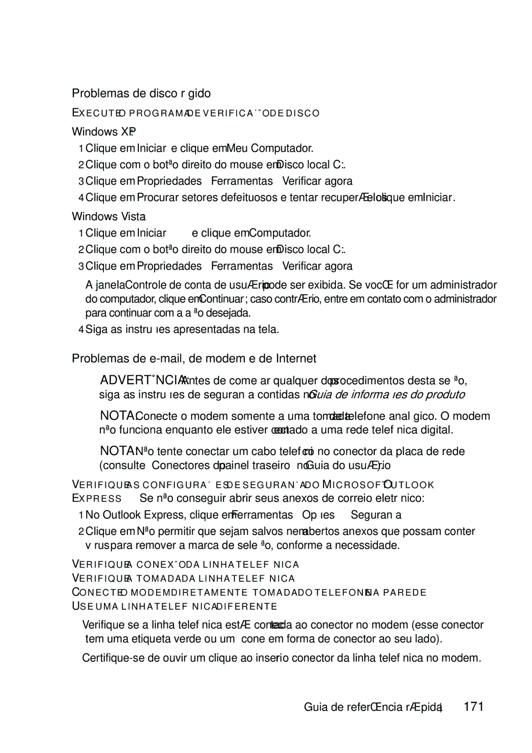 Dell T5400 manual Problemas de disco rígido, Problemas de e-mail, de modem e de Internet, 171 