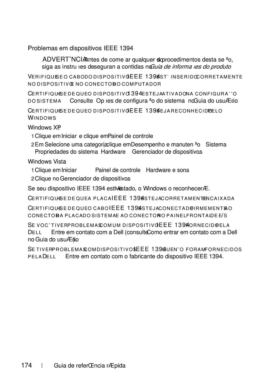 Dell T5400 manual Problemas em dispositivos Ieee, 174, Clique em Iniciar e clique em Painel de controle 