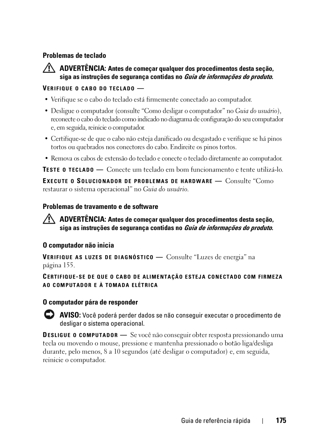 Dell T5400 manual Problemas de teclado, Problemas de travamento e de software, Computador não inicia, 175 