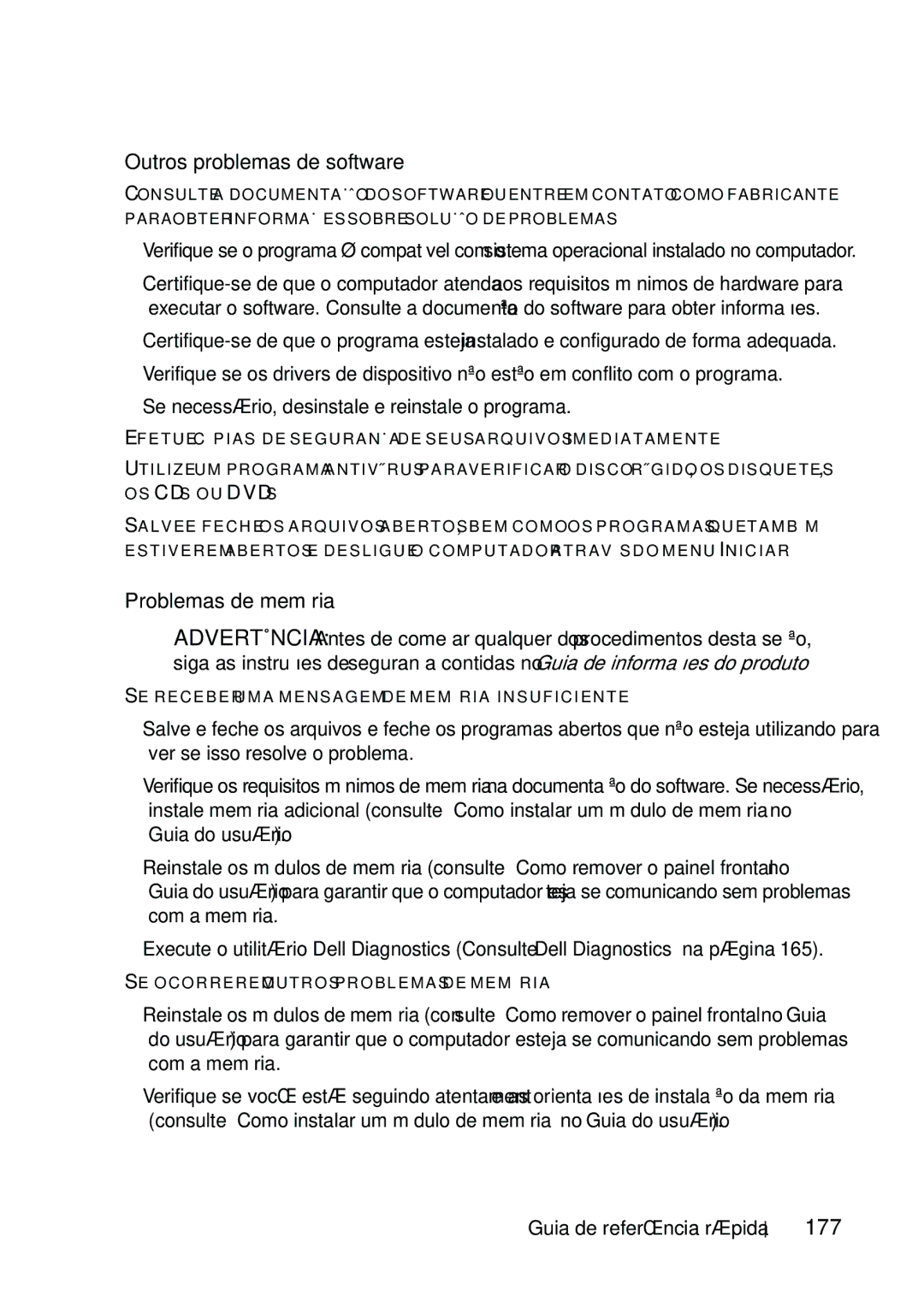 Dell T5400 manual Outros problemas de software, Problemas de memória, 177 