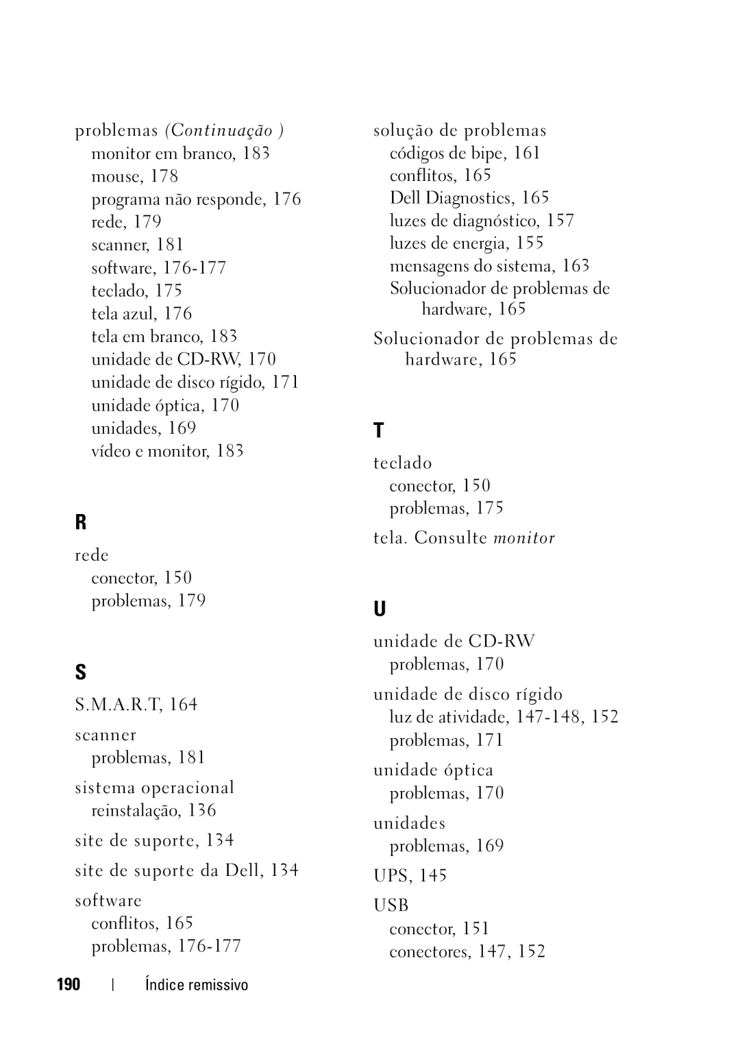 Dell T5400 manual Problemas Continuação monitor em branco, 183 mouse, 190 