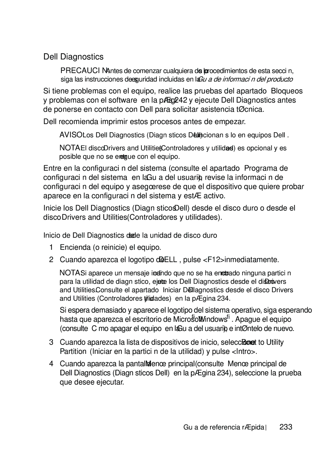 Dell T5400 manual Inicio de Dell Diagnostics desde la unidad de disco duro, 233 