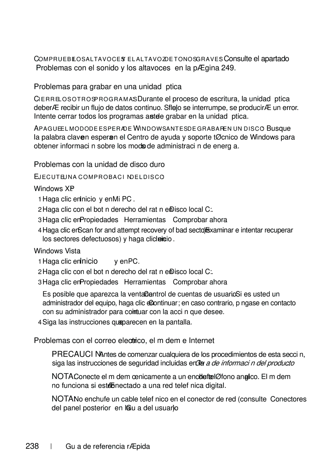 Dell T5400 manual Problemas para grabar en una unidad óptica, Problemas con la unidad de disco duro, 238 